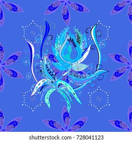 On blue, violet and white colors. Greeting card with flowers. Floral background. Birthday card or wedding invitation. Vector illustration. Watercolor floral bouquet.