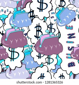 On blue, white and violet colored background. Bitcoin concept. Cryptocurrency logo sigh. Flat style. Digital money. Seamless business pattern. Vector illustration. Block chain, finance symbol.