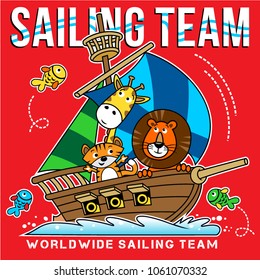 on board with friends,animal vector illustration,cute cartoon