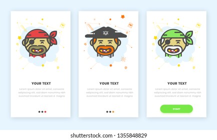 an on boarding (onboarding) set of 3 flat cartoon illustrated pirates for a mobile phone app