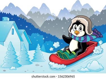 ¨Penguin on bobsleigh theme image 3 - eps10 vector illustration.
