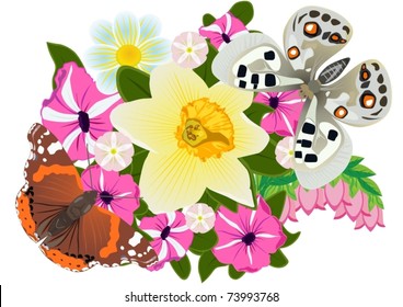 On a bouquet of flowers sitting two butterflies