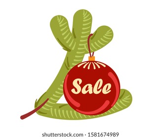 on branch of a Christmas tree hangs a Christmas ball with the word sale