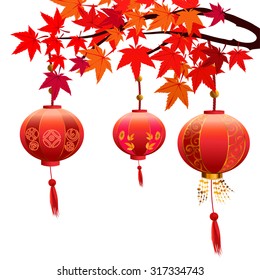 On a branch hang a Chinese lanterns. Autumn red leaves of maple. It can be used for Save the Dates and invitations.