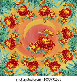 On bright red, orange hot background, flowers marigolds and leaves, frame, in the vector festive warm, hot tint