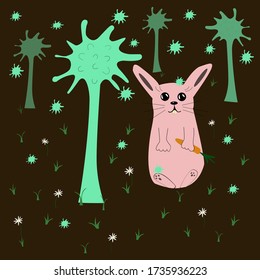 on a brown background, there is a Pink rabbit with an orange carrot, green grass and white flowers around it, unusual trees grow in places, and green substances fly