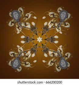 On brown background. Vector golden snowflakes winter New Year frame.