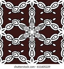 On brown background. Vector white. White elements in oriental style arabesques. Seamless white textured curls.