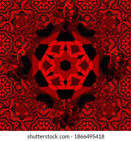 En tonos marrones y rojos. Ilustración vectorial. Papel de flores. Ornamento indio. Borde ornamental colorido. Patrón sin foco.