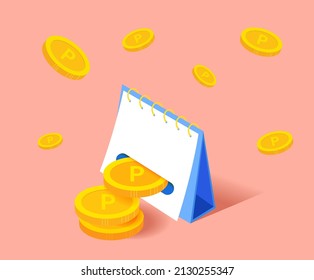 On the calendar, you can pay back points on the event date illustration set. Notebook, paper, piggy bank, coin, savings. Vector drawing. Hand drawn style.