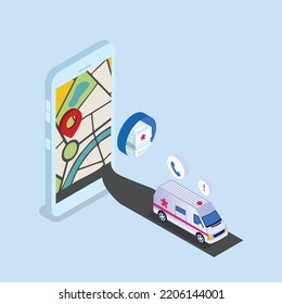 On Call 24 Hr Online Ambulance Emergency Service 3d Isometric Vector Illustration Concept For Banner, Website, Landing Page, Ads, Flyer Template