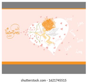 On the card, an angel is drawn shooting arrows of love against the background of a large heart.
