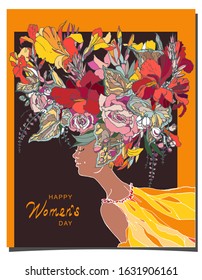 On the card on March 8, flowers and a girl are depicted, congratulating them on women's day.