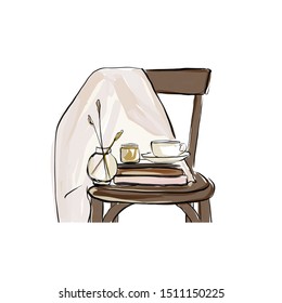 On a chair stands a vase with dried flowers, piles of books and a cup. Watercolor hand drawn composition. 