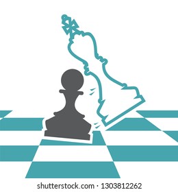 On a chessboard the black pawn defeats the white king. Set of two vector illustration. Flat design. Monochrome