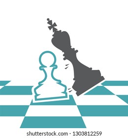 On a chessboard the white pawn defeats the black king. Set of two vector illustration. Flat design. Monochrome