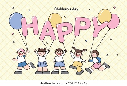 On Children's Day, children happily holding 'Happy' balloons and enjoying themselves.