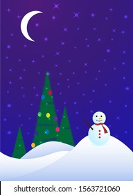 On Christmas Eve. Night landscape with snowdrifts, starry sky and moon. Decorated spruce and snowman complement the atmosphere of the holiday. Vector illustration. Christmas card.