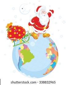 On Christmas eve Santa Claus going on a globe and pulling a sack of gifts on his sled
