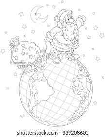 On Christmas eve Santa Claus going on a globe and pulling a sack of gifts on his sled, a black and white vector illustration