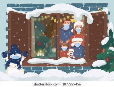 On Christmas night a family and their dog looks up at the sky out of the window, waiting for Santa Claus. Wearing Medical masks to prevent virus Covid-19. The interior of the house is illuminated for 