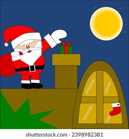 On Christmas nights filled with stars and a full moon, Santa Claus is delivering gifts to the chimney of the house.