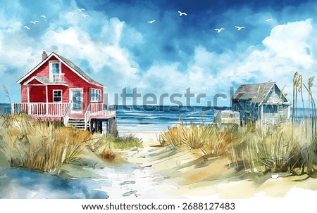 On a clear day two charming cottages near the ocean shore, sandy dunes and lush grass vector background. Serene coastal atmosphere in this watercolor depiction