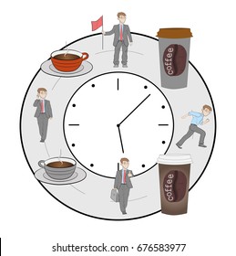 On the clock is the time where people work, and the time where they drink coffee. vector illustration.