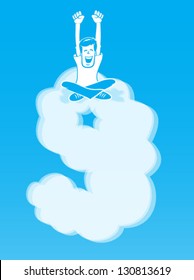 On Cloud Nine/ Happy Man sitting atop a cloud shaped like the number 9