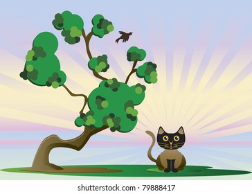 On a cold day have a cat under a tree