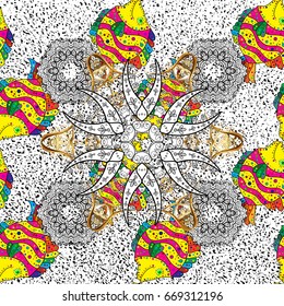 On colored background with flowers. Abstract textile seamless pattern with rever fishes Vector illustration.