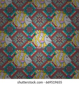 On colored background with flowers. Abstract textile seamless pattern with rever fishes Vector illustration.