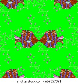 On colored background with flowers. Cute textile seamless pattern with rever fishes Vector illustration.