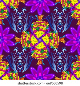 On colored background with flowers. Cute textile seamless pattern with rever fishes Vector illustration.