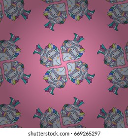 On colored background with flowers. Fabric textile seamless pattern with rever fishes Vector illustration.