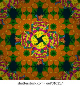 On colored background with flowers. Fabric textile seamless pattern with river fishes Vector illustration.