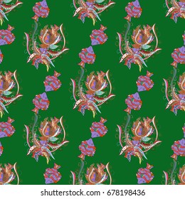 On colored background with flowers. Fabric textile seamless pattern with sea fishes Vector illustration.