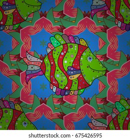 On colored background with flowers. Fish seamless pattern for fabric textile design, pillows, wallpapers, cloth, bags, scrapbook paper. Illustration.