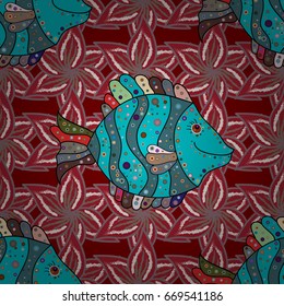 On colored background. Marine textile seamless pattern with rever fishes Vector illustration.