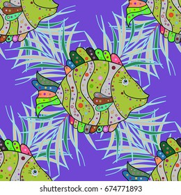 On colored background. Marine textile seamless pattern with rever fishes Vector illustration.