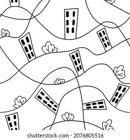 Auf einer durchgehenden Linie ein Haus und Büsche. Nahtloses Muster. Vektorgrafik