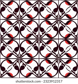 On crisp white background, striking red and black pattern emerges, resembling delightful peppermint motif. repeating fabric pattern brings playful charm and can also be seen.