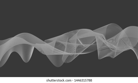 On a dark background, abstract waves by grey horizontal lines, in the vector.