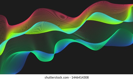 On a dark background, abstract waves of colored lines: pink, yellow, blue, yellow, dark blue, green, lime, turquoise or sea wave color, in the vector.