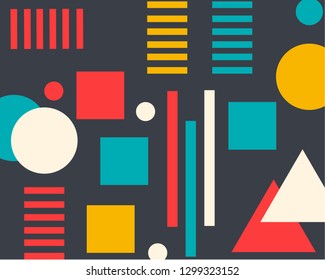 on a dark background bright circles squares line strips