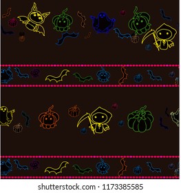 On a dark background, the characters are Halloween. Neon colors, separated by strips.