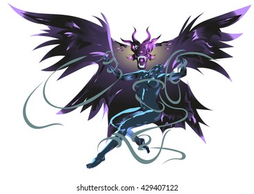 on a dark background dragon grabbed a woman who tries to escape
