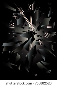 On a dark background, flying fragments of glass, clock hands and a dial
