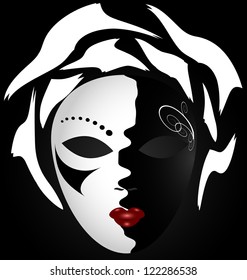 on an dark background is a large white-black carnival mask