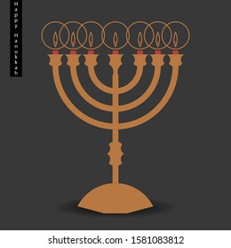 On a dark background is shown menorah that casts a shadow, in vector. On the image at the top left is a black sticker "Happy Hanukkah".